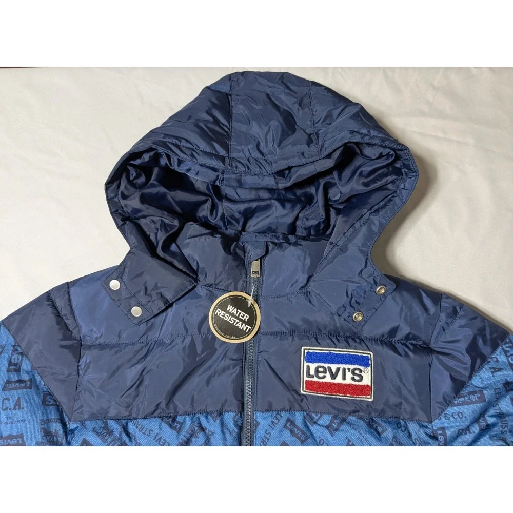 LEVIS Boys Large (12-13 Yrs) Blue Colorblock Zip Logo Hooded Puffer Jacket NEW‎